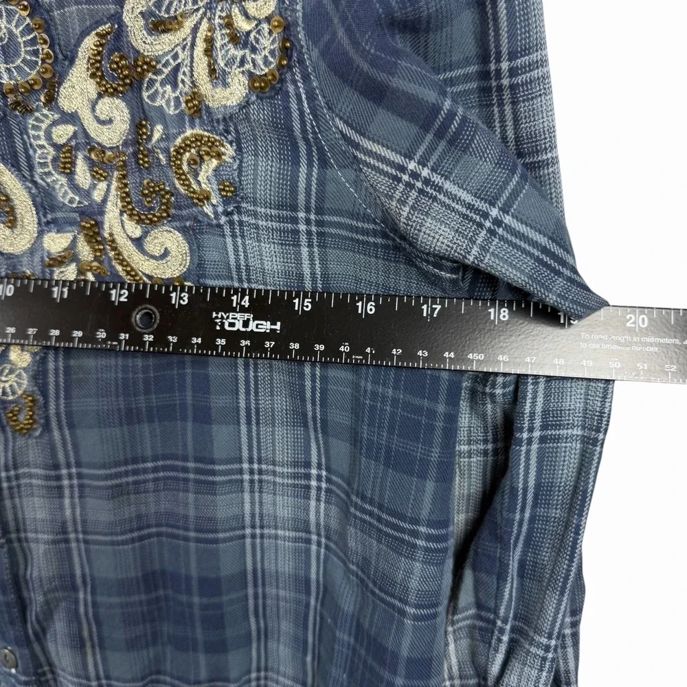 Free People Sz XS Stevie's Embellished Plaid Button-Down Shirt‎ Top Blue